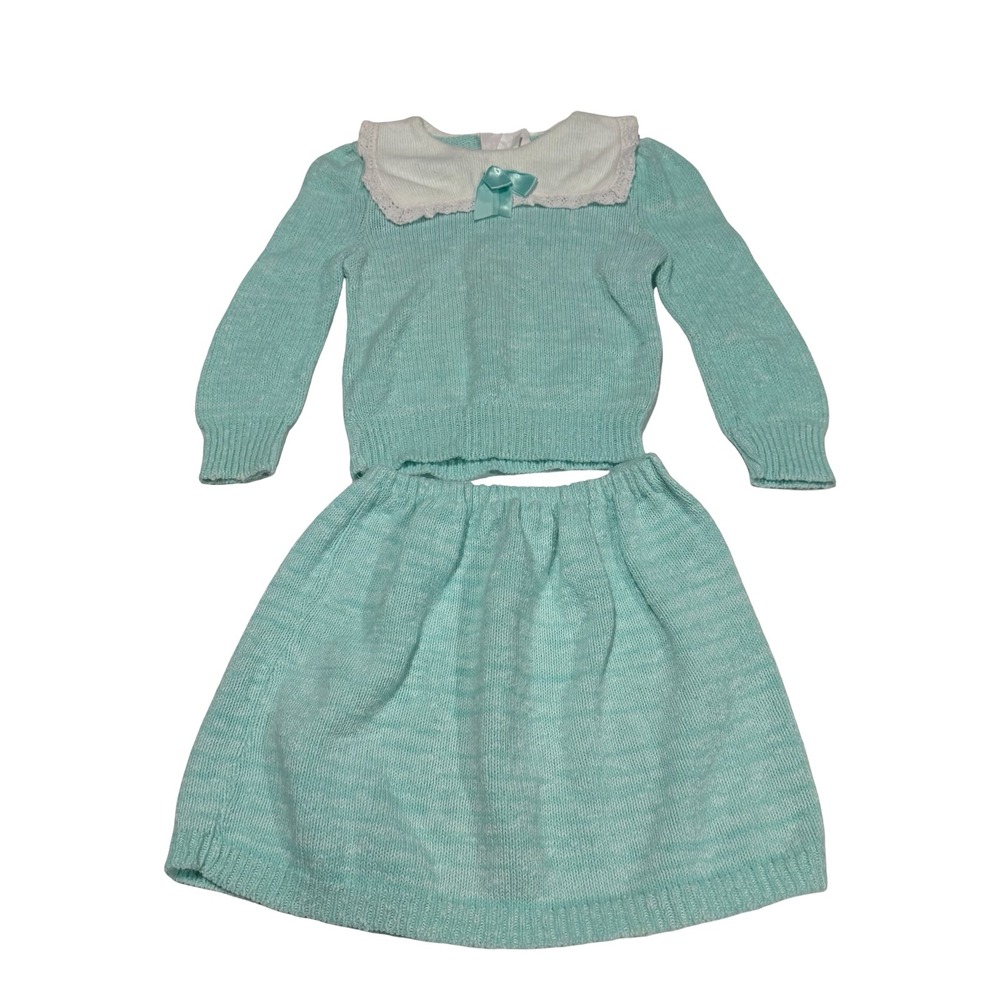 Vintage Honey Bug Kids Mint Green Knit Sweater‎ and Skirt Set Made in USA